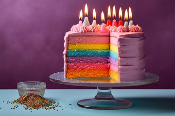 Illustration of a colorful rainbow cake with lit candles on top, created using generative AI