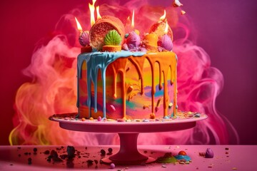 Illustration of a vibrant and festive birthday cake with brightly lit candles, created using generative AI