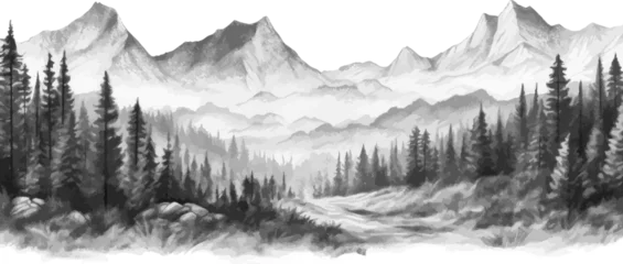 Fotobehang Hand drawn mountain range nature landscape. Greyscale abstract panorama with rocky mountains skyline. Vector illustration. © Bisams