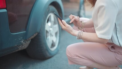 Car accident. Closeup on tourist woman in the city with smartphone near car with flat tire.