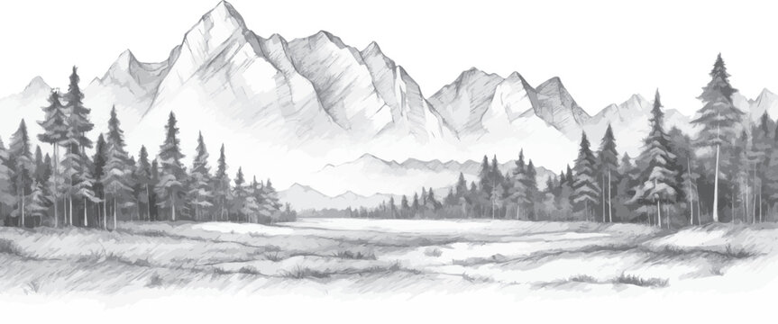 Hand drawn mountain range nature landscape. Greyscale abstract panorama with rocky mountains skyline. Vector illustration.