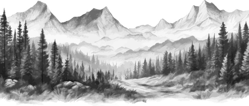 Hand drawn mountain range nature landscape. Greyscale abstract panorama with rocky mountains skyline. Vector illustration.