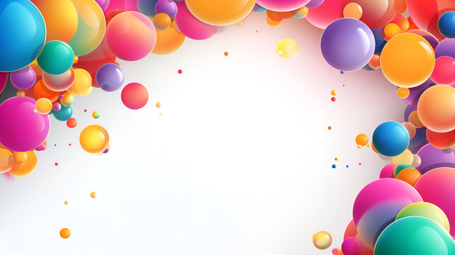Abstract composition with multicolored flying spheres or balloons. Multicolored bubbles background with copy space. Colorful rainbow matte anf glossy balls of different size on white background
