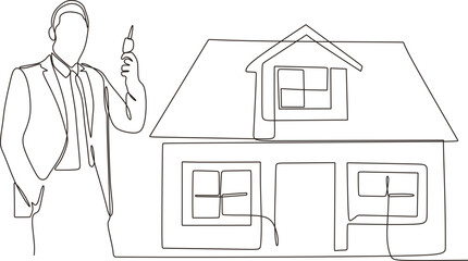 Vector continuous line drawing of businessman selling house