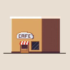 Cafe storefront in pixel art style.Vector illustration.Coffee shop building