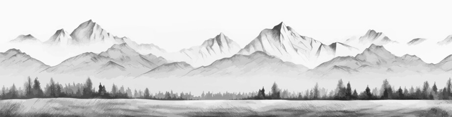 Hand drawn mountain range nature landscape. Greyscale abstract panorama with rocky mountains skyline. Vector illustration. © Bisams