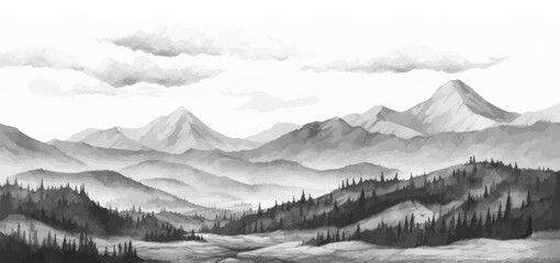 Hand drawn mountain range nature landscape. Greyscale abstract panorama with rocky mountains skyline. Vector illustration.