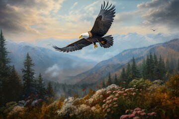 Painting of bald eagle soaring over mountains with flowers, trees, and bird in foreground. Generative AI