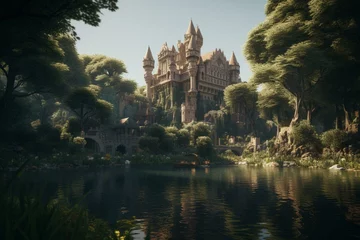 Fotobehang A castle on a lake in a jungle in Minecraft. Generative AI © Milosz