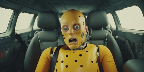 Scared crash test dummy inside car, concept of Safety engineering, created with Generative AI technology - obrazy, fototapety, plakaty
