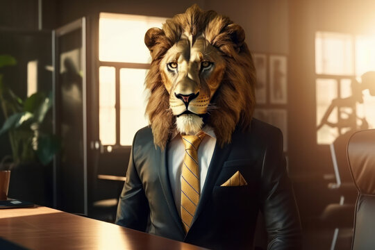 This stunning photo of a lion in a suit and tie showcases the creative and unique concept of this animal, making it a perfect addition to any artistic collection. AI Generative.