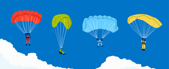 Skydivers flying with parachutes. Set of tiny cute characters. Hand drawn colorful illustration. Isolated design elements. Paragliding, skydiving, parachute jump, extreme sport, activities concept - obrazy, fototapety, plakaty