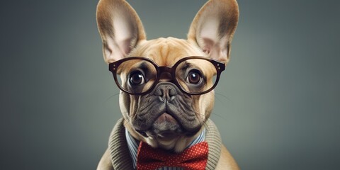Portrait of a clever dog wearing eyeglasses, concept of Animal intelligence, created with Generative AI technology - obrazy, fototapety, plakaty