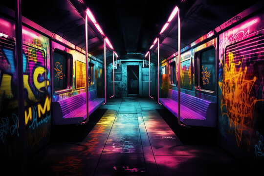 Underground railway, train covered with graffiti