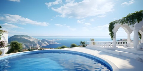 Fototapeta premium Traditional mediterranean white house with pool on hill with stunning sea view. Summer vacation background. Created with generative Ai