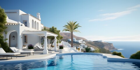 Traditional mediterranean white house with pool on hill with stunning sea view. Summer vacation background. Created with generative Ai