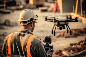 Construction worker operating a drone at a building site for aerial inspection and surveying, wearing a hard hat and safety vest, modern technology, infrastructure development, and site monitoring
