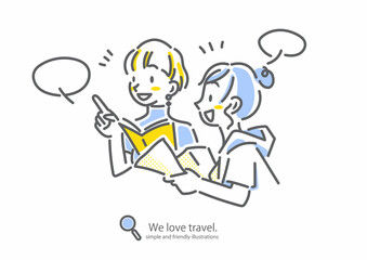 Naklejka premium 旅先で地図やガイドブックを見ながら観光を楽しむ女性ふたり 女子旅 シンプルでお洒落な線画イラスト