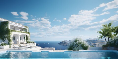 Obraz premium Traditional mediterranean white house with pool on hill with stunning sea view. Summer vacation background