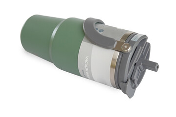 Vacuum Insulation Thermos Isolated on White. Stainless Steel Thermo Water Bottle .clipping path