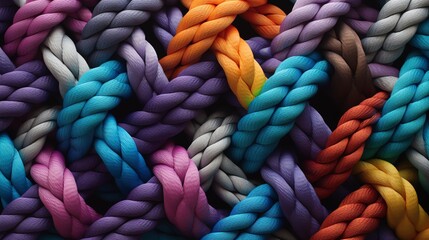Pattern of multicoloured ropes and twines twisted and platted into an interesting arrangement. Generative AI