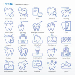 Dental icon set - Gradient Icons. Same as Check up, Cleaning, Dental Crown, Fill Teeth, Root Canel Treatment, Scaling, X ray, Take Out, Falling Teeth, Overlapping, Brace, etc.