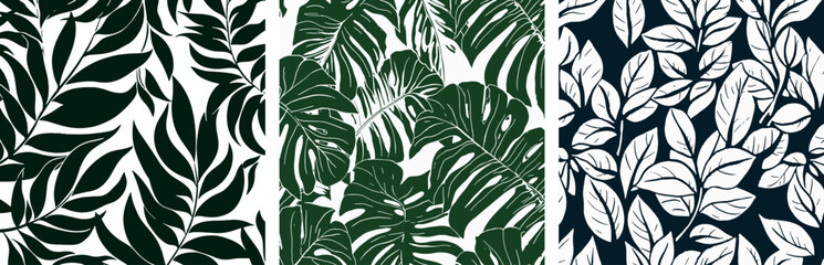 Botanical Monstera And Tropical Leaves Jungle Pattern Vector Illustration Set Of 3 © Levin