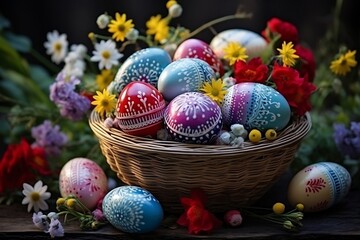 A bowl filled with painted eggs sitting on top of a table. AI