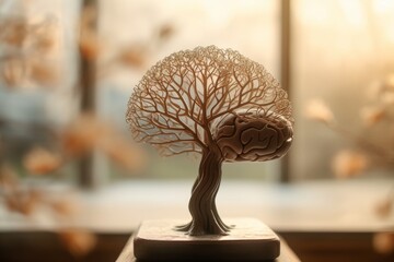 Illustration of a tree sculpture with a human brain on top, created using generative AI