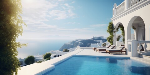 Traditional mediterranean white house with pool on hill with stunning sea view. Summer vacation background