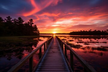 Fototapeta na wymiar A wooden walkway leading to a sunset over a marsh. AI