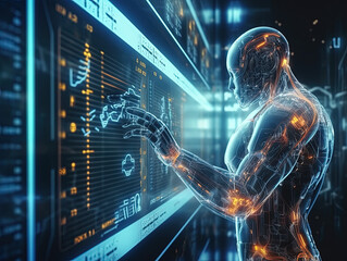 dramatic digital artwork that captures the growing intensity of cyber attacks worldwide. AI Artificial Intelligence, Data Science, Information technology concept. Humanoid robot touching on AI machine