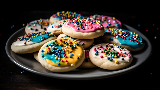 A plate of homemade sugar cookies decorated with icing an generative AI