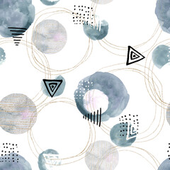 Materiał do szycia Abstract print with watercolor golden and random elements. Seamless pattern in retro style. Hand drawn  illustration