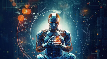 Obraz na płótnie Canvas dramatic digital artwork that captures the growing intensity of cyber attacks worldwide. AI Artificial Intelligence, Data Science, Information technology concept. Humanoid robot touching on AI machine