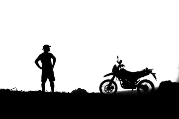 Fototapeta na wymiar siluate of male tourist with motocross bike on transparent background
