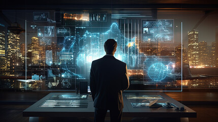 Fototapeta premium businessman working on a huge screen full of HUD intarface design elements, AI Artificial Intelligence, Data Science, Information technology concept