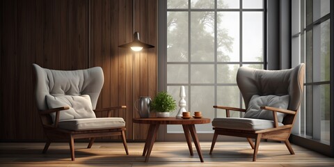 Wing chair near rustic wooden coffee table. Interior design of scandinavian living room with frames. Created with generative AI