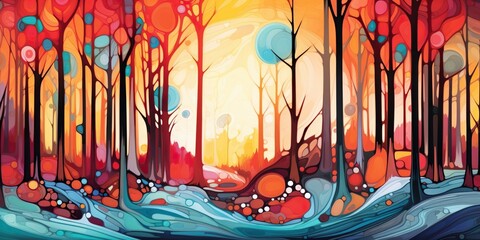 Colorful forest with abstract trees and foliage, concept of Ecological balance, created with Generative AI technology