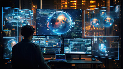 businessman working on a huge screen full of HUD intarface design elements, AI Artificial Intelligence, Data Science, Information technology concept