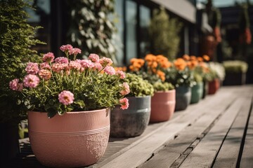 Fototapeta na wymiar Lovely blooms in plastic planters on terrace for garden & home decor. For sale. Generative AI