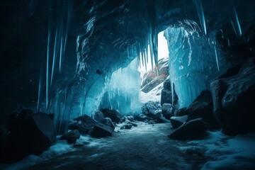 Fantasy ice caves with neon blue, wet ice and light rays creating a cold, fresh atmosphere. Generative AI