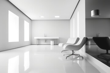 Illustration of a minimalist white room with a chair and desk, created using generative AI