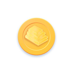 Golden game coin. Coin icon, gold medal. Coin with books. Graphic user interface design element game coin.