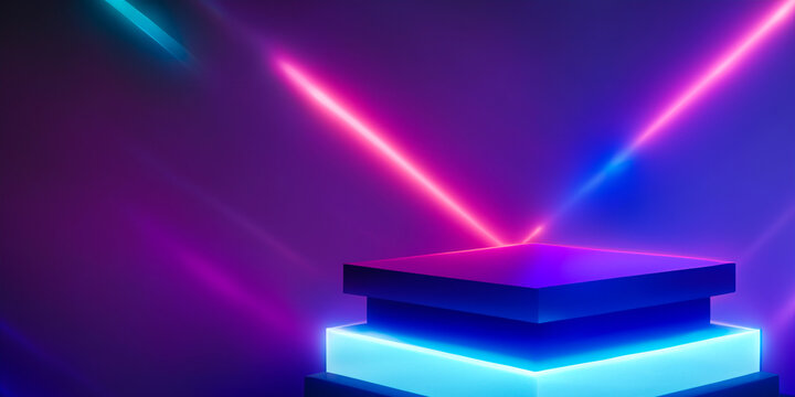 Stage with pedestal and curtains for the show. TV show and product sales. Cinema and study. Space for text and product. Futuristic colors and blue, fuchsia neon lights. AI generative.
