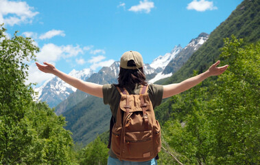 A young girl with a backpack enjoys the beauty of nature, looking at the view with outstretched arms at the top of the mountain