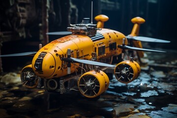 A yellow underwater vehicle floating on top of a body of water. AI