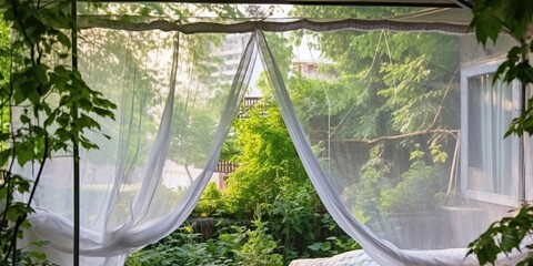 Pvc window with mosquito nets against background of the yard with green trees on summer day, concept of Home improvement, created with Generative AI technology