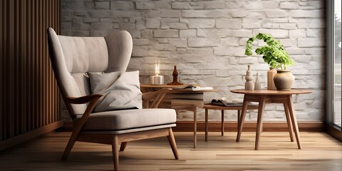 Wing chair near rustic wooden coffee table. Interior design of scandinavian living room with frames. Created with generative AI