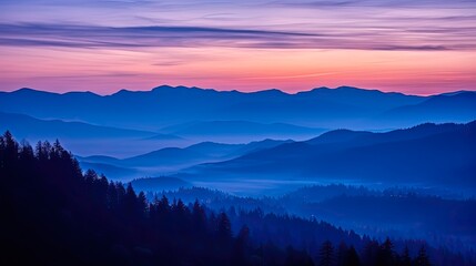 Fototapeta na wymiar Cascade Mountains at Blue Hour after Sunset: Breathtaking Silhouette of Mountain Landscape for Travel and Tourism Background: Generative AI